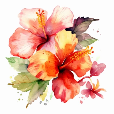 Watercolor Tropical Hibiscus Clipart by Thomas W. Schallerof: A vibrant and exotic design featuring tropical hibiscus flowers in shades of pink, orange, and red on a white background. The flowers are different-size and bold, while the leaves are thick and tropical, creating a lively and festive composition