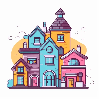big houses and small houses, clipart style, vector, logo, cute, golden, purple, teal, pink, lite blue, picture book style, children's lesson book, captivating, kid friendly cute character, black and white, coloring book style, cartoon style, vector image, simple, line art style, character, white background