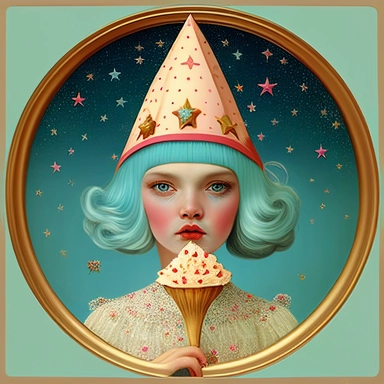 boho candy witch wearing ice cream for a hat, surrounded by stars and dessert, clipart, Masterpiece of classical painting in retro futurism style, Mark Ryden, On the set of Wes Anderson film,--v 5