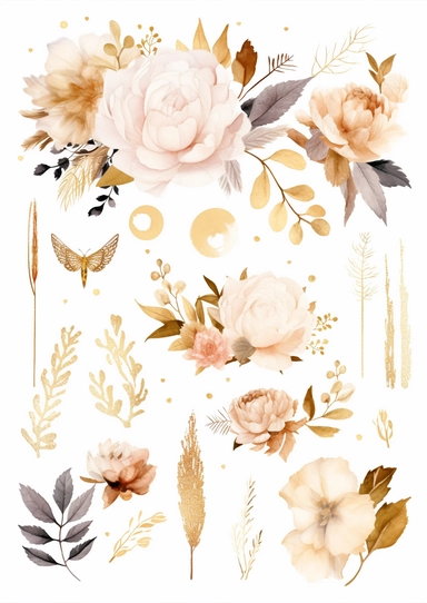 10 individual design elements clipart for a wedding template, filled the page, white background