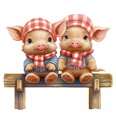 2 cute and fluffy baby pigs sitting on a bench, disney style, clipart on white background, no shading