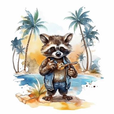 watercolor style, devil raccoon with the beach and the palm trees in the back clipart, isolated on white background, hd