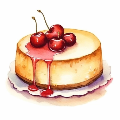 watercolor, hand drawn cheesecake in a bakery case clipart, hd, white background, spaced out--ar 3:2