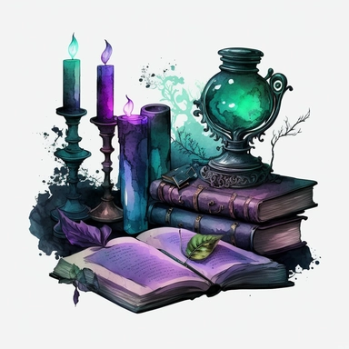 Gothic style Magical wizard inventory on the table with watercolor effect,mystical magic books,victorian style candlestick,fantasy scene, suitable for digital clipart,dark colours,purple color,blue color,green color,white background