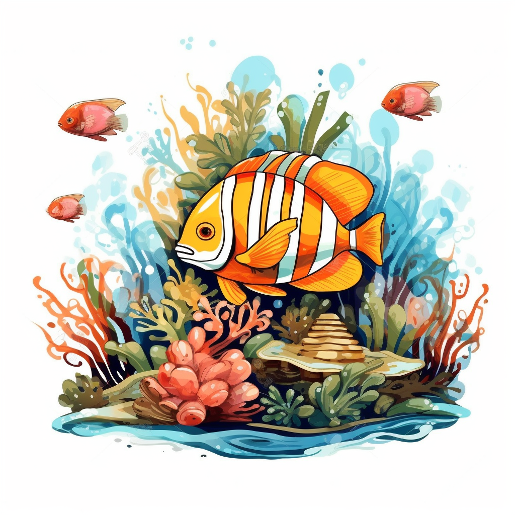 clipart Tropical fish swimming among coral reefs, white background ...