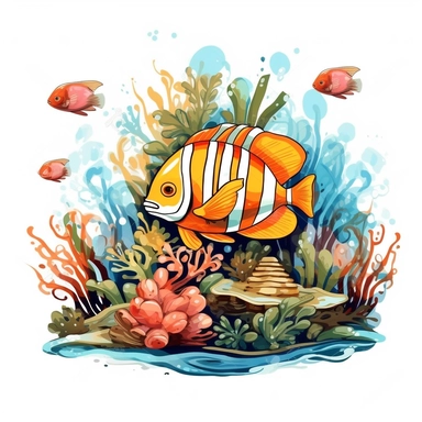 clipart Tropical fish swimming among coral reefs, white background