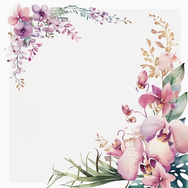 watercolor, orchids, clipart, corner design for invitation template on clear white background, lavendar and pink, hikecore, soft, boho, 32k uhd, textual