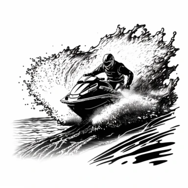 a jet ski going over a wave, very simple line drawing, black and white, clipart