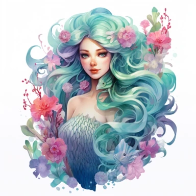 clipart watercolor isolated: Illustrate a magical underwater mermaid adorned in pastel hairdo and a long fish tail