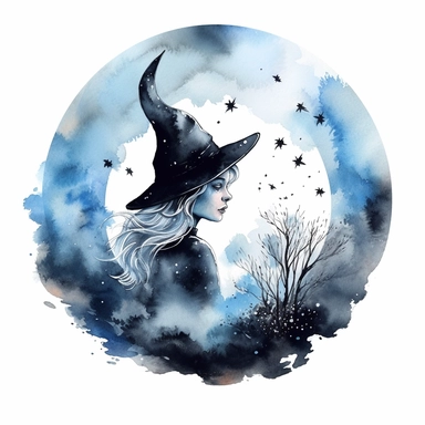 Watercolor Moon first quarter with clouds and a witch Clipart