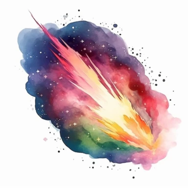 meteor in space clipart watercolor technique, 8k digital art, bright, colorful, soft lightning, white background