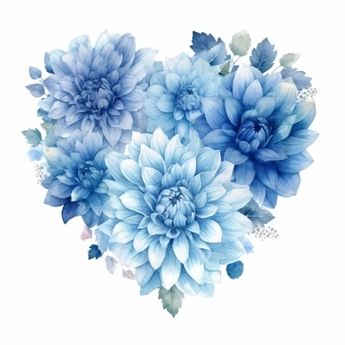 a heart shape made with soft blue and pastel blue Dahlia flowers, wet on dry watercolour style, dark gothic antique look, clipart, white background