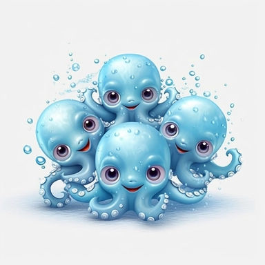 Baby Tiny Octopus, Swimming together in synchronized harmony, creating a delightful water dance , clipart for nursuring, animated, white transparent background