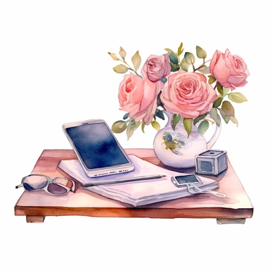 watercolor planner cute rustic roses desk, one cell phone, one tablet clipart on white background - @Konstantina (fast)