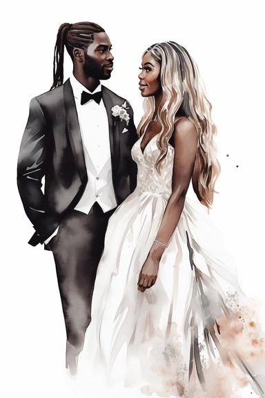 Black skin bride in a white wedding dress with diamonds and with beautiful jewelry, long beautiful hair and the groom in a tuxedo smile watercolor clipart