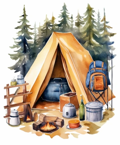 watercolor about camping activities, flat color, element, clipart, digital art, one by one isolated on white background, no noise, 300 DPI,