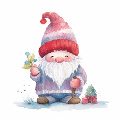 A Cute Christmas gnome, full color, knitted painting texture, Perfect for nursery art and children's book illustration style, simple, cute, full color, clipart, watercolor illustration, single object, high definition 8k, white background for removing background