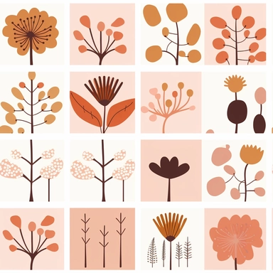 pink and brown flower clipart set, in the style of victor pasmore, light orange and light pink, free brushwork, henri rousseau, stencils, mural-like compositions, elsa beskow, minimal