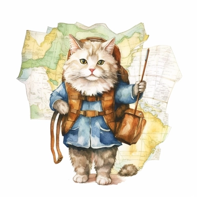 a charming watercolor clipart image with a white background, featuring a curious cat traveler with a backpack, exploring a map and embarking on an exciting journey.