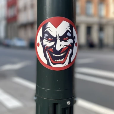 a close-up image of a 5cm-sized sticker affixed to a street lamp. The sticker should feature a clipart image of the Joker symbol on it, red