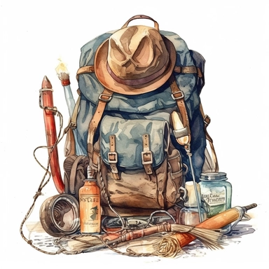 fisherman's backpack, fishing scene, peaceful, very detailed, watercolor clipart, vibrant colors, isolated on the white background, vintage style, hd