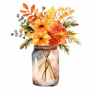 basic watercolor fall leaves and flowers in a jar in minimal hand drawn style, Etsy, textured, clipart, white background