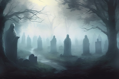 realistic clipart ghosts in foggy enchanted cemetery, digital painting