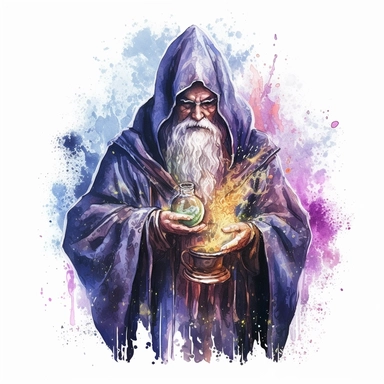 Create One clipart inspired by The mage doing dark magic wearing flowing robe carry a mithycal object that symbolize connection to magic in 4K. so it can be used in fantasy books. in cozzy watercolor style