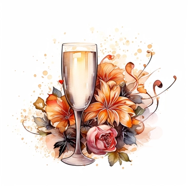 glass Champagne and Christmas Flowers style by Lucy Fleming, watercolor, smooth gradients, black contour outline, ultra detailed, clipart elements, delicate pastel colors, solid white background, super clear, high quality