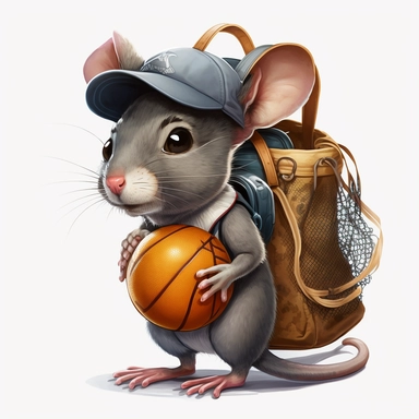 gray mouse with cap wearing backpack and holding a basket ball, boring mine, white background, clipart
