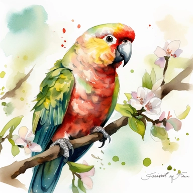 A cute happy parrot sitting proudly on a spring branch, baby, looking off into the camera, with a few spring blossoms and leaves framing the scene, vivid colors, watercolor by Thomas W. Shaller, clipart, solid background, no watermark, 8k, on white background