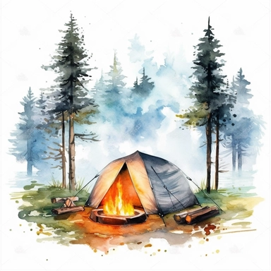 simple and minimalistic watercolor clipart of camping scenery with a camping tent and camp fire, bright colors, white background, uhd, high quality
