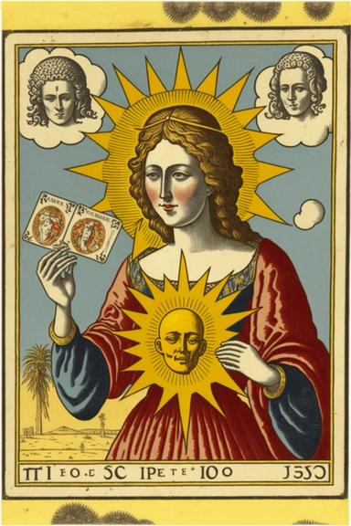 a tarot card with a woman holding a sun, a poster, by Master of the Legend of Saint Lucy, fantasy art, from the game pathologic 2, dividing it into nine quarters, two suns are in the sky, age of empires ii, h 7 6 8, old scroll, full subject shown in photo, clipart