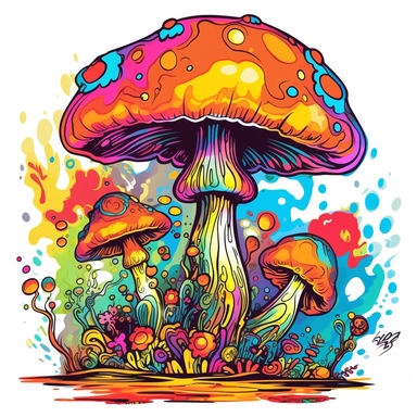 Clipart white background: hippie paint of a groovy clipart mushroom with colorful and trippy background