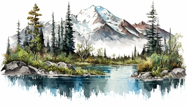 Beautiful landscape scene in Alaska. highly detailed watercolor clipart.