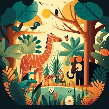 Create a vector graphic illustration of clipart animals interacting in a vibrant jungle scene. The style should echo modern flat design principles, simple yet visually engaging. The setting is well-lit, like a clear, sun-filled day, highlighting the bold primary and secondary colors of the animals and foliage. The composition is a medium shot, focusing on the playful interactions between different animals. white background