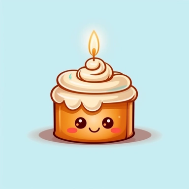 a cute cinnamon roll and white icing dripping down it sides, kawaii style with a candle wick on top. Make it super cute, vibrant colors. Make it into cliparts and vectors.