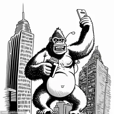 retro cartoon comic of king kong attached to the top of the empire state building taking a selfie with an iphone, with a cable from his body connected to car battery, black and white vintage art clipart illustration, white background,