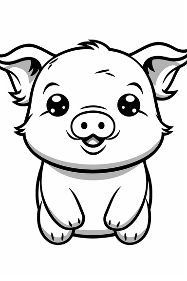 black and white clipart, cartoon drawing style of a kawaii fat belly pig with pig hooves, illustration, vector line art