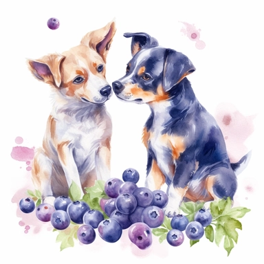 a realistic watercolor of doggies playing with blueberries, victorian style blueberry academia, blueberry purple nuances, vector free clipart illustration, in the style of unreal engine 5, 32k uhd, detailed features, white background