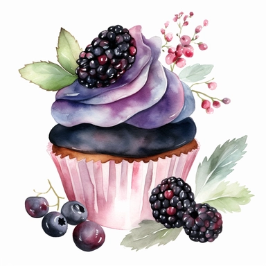 watercolor black berry cupcake clipart, hd