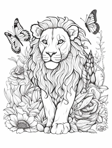 Coloring book, white background, clip art, line work. Abstract Lion, full body pose laying down in filed, happy and with a butterfly.
