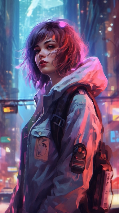 beautiful stunning pretty vintage cyberpunk anime girl, paint art style, clipart, city landscape background, superrealistic, one of a kind