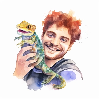 Adorable pet Gecko having happy moment with it's human owner, water color style, clipart, white background