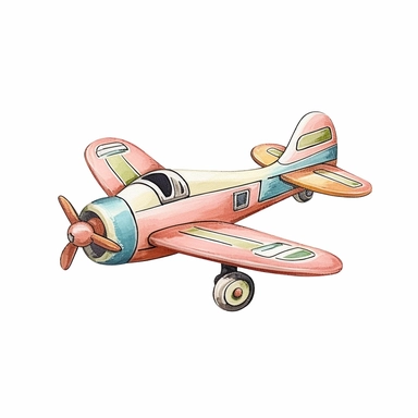 Vintage Hand painted pastel clipart of a toy airplane wall hanger in the style of vintage nursery kitsch Lefton, retro midcentury 1950’s, white background, contour