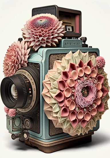 a watercolor vintage camera, profil view, surrounded by an intricate arrangement of dramatic extravagant ultra realistic digital multicolor 3D giant dahlias, in the style of large-scale photography, lush detailing, watercolor style, pastel colors, sacred geometry, origamy, kaleidoscope, photorealistic, playfully intricate, made of flowers, bloomcore, 8K, clipart, clear background