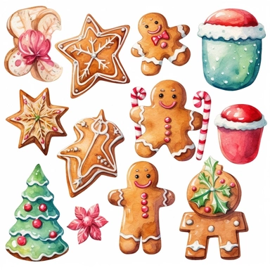 christmas theme clip art, white background, vibrant colours, watercolour, gingerbread cookies