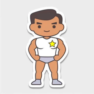a single kawaii sticker, bodybuilder, white background, minimal, cute, tiny, lovable, pastel colors, simple, clipart