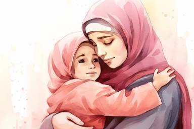 Little muslim girl, five years old, wearing pink hijab, embracing his mother tightly symbolizing their unbreakable bond, illustration for book, children's book, multiple positions, Watercolor Clipart, strybk, full Illustration, 4k, sharp focus, watercolor, smooth soft skin, symmetrical, soft lighting, detailed face, concept art, watercolor style, strybk, children's style fairy tales, chibi kawaii, . Octane rendering, 3d. Perfect face, detailed face, delicate face, perfect sharp lips, detailed ey