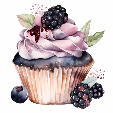 watercolor black berry cupcake clipart, hd